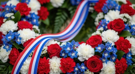 Vibrant Patriotic Wreath with Red Roses, White Carnations, Blue Flowers, and Striped Ribbon