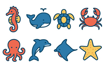 Cute set of sea life animals: whale, dolphin, seahorse, crab, turtle, octopus