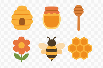 Cute symbols for honey production and beekeeping featuring a bee, hive, jar, dipper, flower, and honeycomb © icon_art