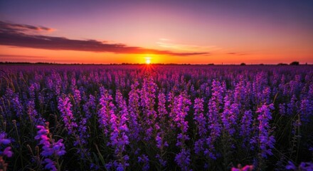 Vibrant Purple Wildflowers Bathed in Golden Sunset Light, Serene Meadow Landscape