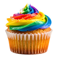 Colorful cupcake with rainbow-swirled frosting, in a paper cup, against a black backdrop