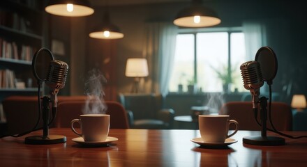 Vintage Microphones and Steaming Coffee Cups on a Polished Table in a Cozy Studio