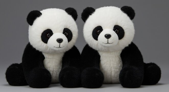 柔らかな光が優しく照らす二体のパンダのぬいぐるみ愛らしい表情とふわふわの毛並みが心を和ませる. AI Generated