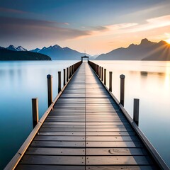 A long wooden pier stretches into a calm lake during a sunrise. Mountains are visible on the horizon, along with the glowing sun