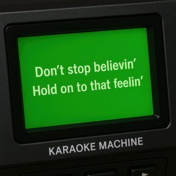 Karaoke machine displaying lyrics for Don't Stop Believin' song