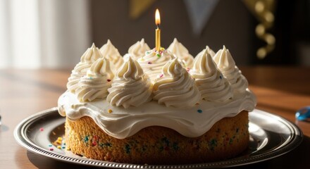 Warmly Lit Funfetti Birthday Cake with Whipped Cream Swirls and Glowing Candle on Silver Platter