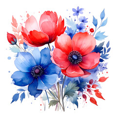 Watercolor floral arrangement of vibrant red, blue, and purple blossoms on a black background