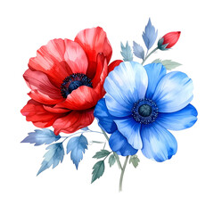 Watercolor illustration of vibrant red and blue flowers with leaves, set against a black background