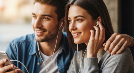 Young Couple Sharing Earbuds, Enjoying Music Together with Warm Sunlight