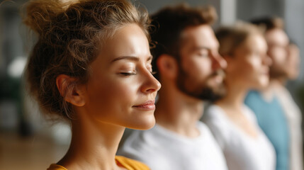 Fototapeta premium Group meditation session in studio, soft daylight, calm expressions, mindfulness and unity, wellness community, spiritual balance, inner peace, shared energy, group wellness concep