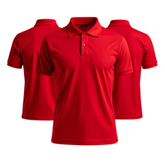 Three red polo shirts displayed; center shirt front-view, others are rear-views