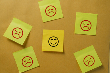 Sticky notes with sad and happy faces on brown paper background, concept for positivity, mental health, emotional balance, optimism, and positive mindset in life and work.