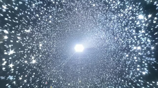 Shimmering glitter star rain tunnel, 3D perspective sparkling silver crystal particles rushing forward, ultra-realistic glowing diamond reflections, futuristic starry portal, abstract Ultra HD 4K