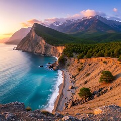 Picturesque Coastal Scenery with Mountains and Turquoise Water at Sunset.