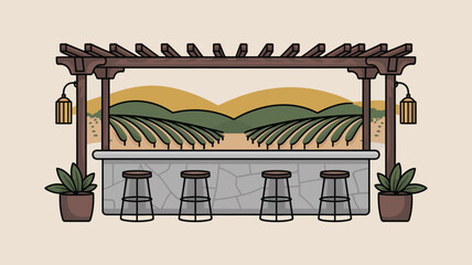 Illustration of an outdoor bar with stools and a vineyard view under a wooden pergola structure
