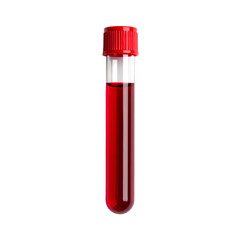 A clear vial with a red cap holds a sample of blood, set against a black background
