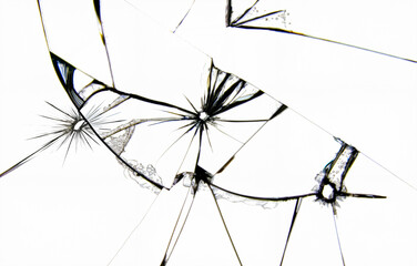 Close-up macro shot of shattered glass with sharp cracks and intricate fracture lines on white...