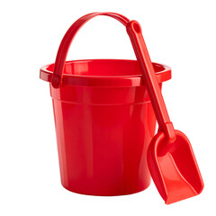 A bright red plastic bucket with a matching shovel, ready for a day at the beach