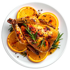 Roasted whole fowl on white plate, garnished with orange slices, herbs, and peppercorns
