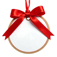 A round, blank gift tag with a red satin ribbon and cord, centered on a transparent background