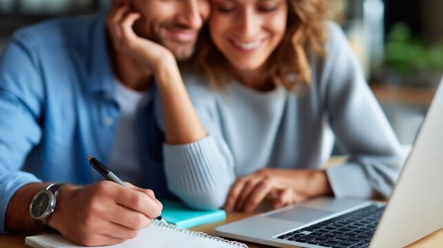 Couple planning future together at home office, laptop and notebooks on table, teamwork in relationship, love and ambition, modern lifestyle, mutual goals, emotional connection, wi