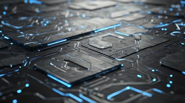 Abstract 3D Rendering of Futuristic Circuit Board Technology With Blue Lights