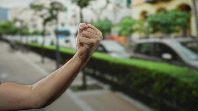 Man's hand clenched in a triumphant or angry fist outdoors on a city street with blurred cars and green trees in the background.