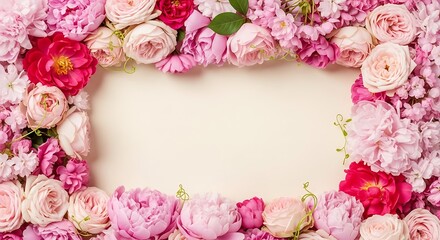 Floral Frame of Pink Roses and Peonies for Celebrations.