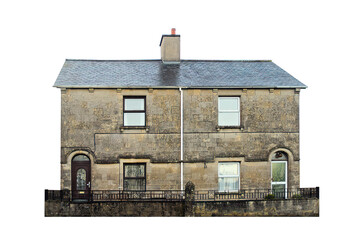 Old two-storey semi-detached English house isolated transparent png