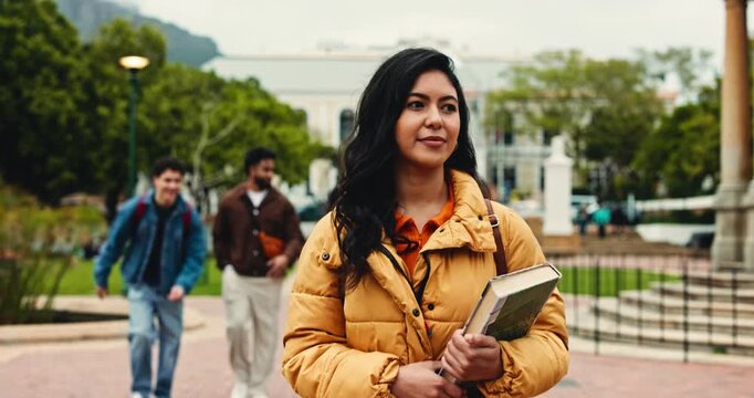 Walking, college student or woman on campus with vision for education, learning or skill development. Reflection, scholar or people outdoor in university with journey for scholarship, degree or study