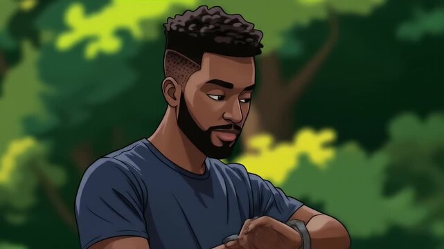 Illustration of a Man Checking His Watch in a Lush Green Forest