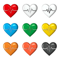 Nine colorful glossy hearts with electrocardiogram lines on black background