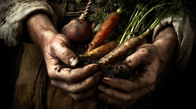 Rustic hands holding freshly harvested carrots and beets with soil. Autumn harvest concept symbolizing farm-to-table freshness - Powered by Adobe