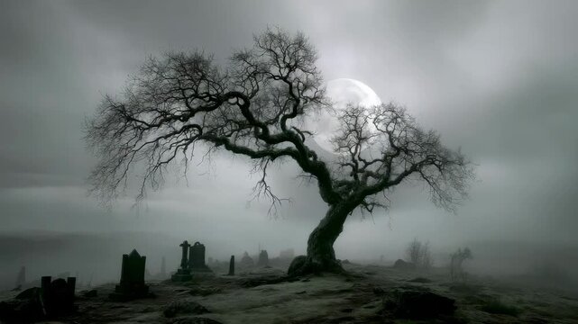 Spooky graveyard tree under full moonlight