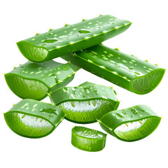 Sliced fresh aloe vera leaves, stacked, showcasing the translucent gel and spiky edges