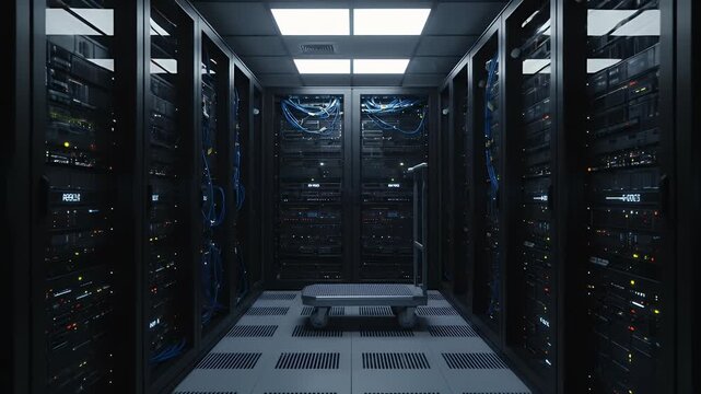 Abstract 3D Server Room Background With Data Lights