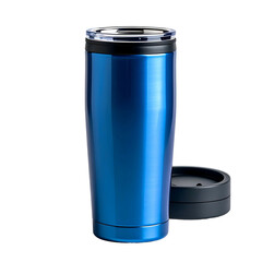 A sleek, insulated, blue travel mug with a black lid and base, set against a dark background