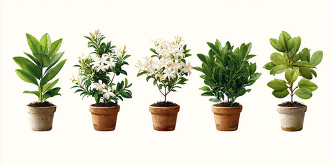 Fototapeta premium Collection of Potted Plants featuring Green Leaves and White Flowers in Terracotta Pots on a White Background, showcasing Botanical Diversity and Indoor Gardening