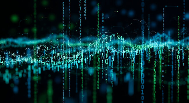 Abstract representation of binary code with glowing green and blue digital rain effect on black