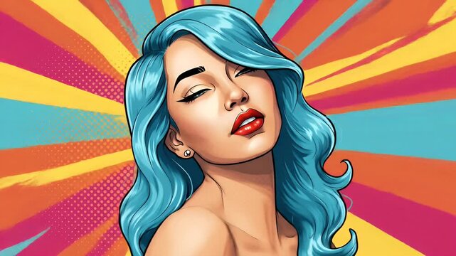 Illustration of a Woman with Blue Hair and Pop Art Background