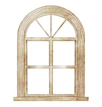 Watercolor illustration of a wooden window frame with arched top. Drawing of vintage opening for Christmas interior compositions, cozy home designs, greeting cards or invitations