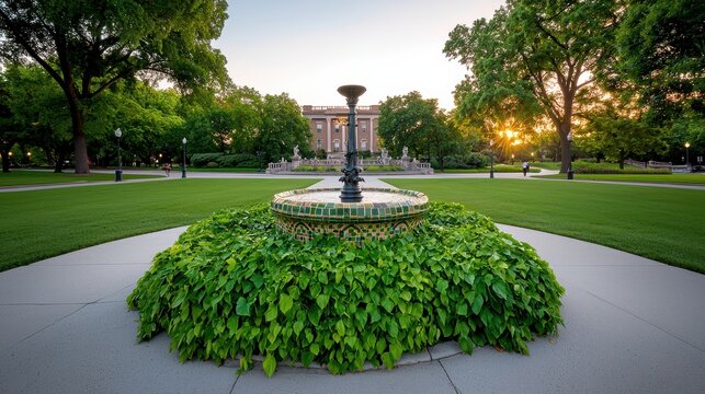 Scenic Fountain at Iowa State University Campus at Sunset, Lush Green Landscape and Architectural Detail - Ames, Iowa, USA