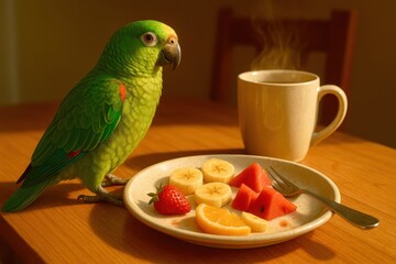 parrot on table with fruits