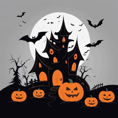 happy Halloween pumpkin and castle with scary background vector illustration design