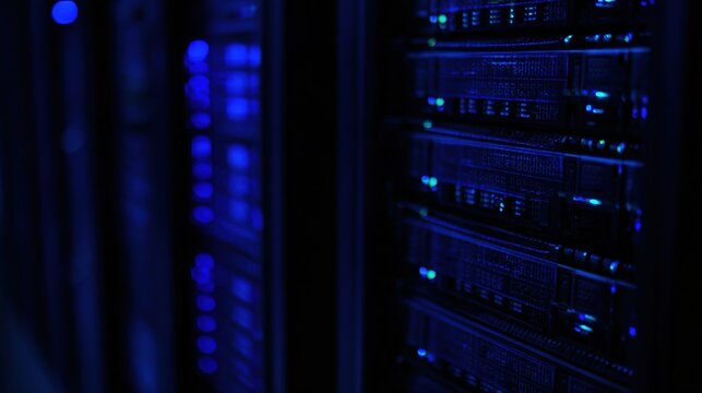 rack. Close-up of glowing blue server rack lights creating an abstract technological pattern on a dark background. product launch decks.