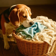 beagle puppy with laundry