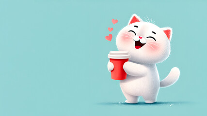 Cute happy and funny cat with cup of hot tea on blue background. Joyful cheerful cartoon kitten with coffee and hearts smiling. Illustration with copy space
