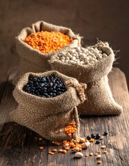 Assortment of colorful dried legumes in burlap sacks