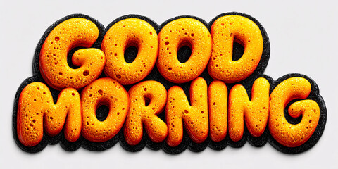 Cheerful 3D Good Morning Text with Orange Donut Texture and Black Outline on White Background Concept of Greetings, Positivity, and Breakfast