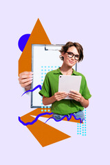 3d pop image zine art collage of happy businesswoman businessman hold clipboard arrow progress work career promotion goal